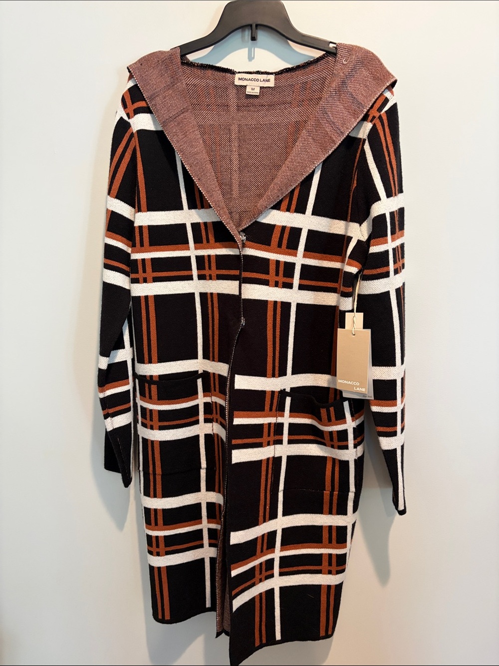monaco Black & Brown Plaid Hooded Trench Coat